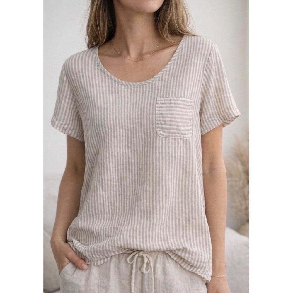 Christian Siriano New York Womens Pink White Striped 100% Linen Top Small NWT